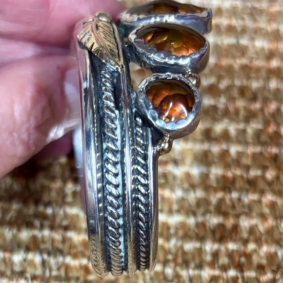 Unique Sterling Silver Cuff Bracelet w/ gold leaf appliqué iridescent gemstones - Picture 6 of 13